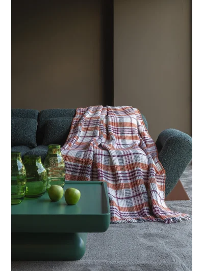 nixa Skoç Ekose Desenli Püsküllü Çift Kişilik Battaniye Bej Kahve 180x220 cm