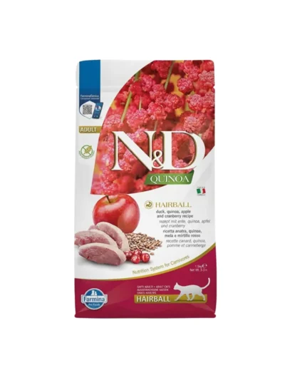 N&D Quinoa Hairball Ördekli Elmalı Ve Kızılcıklı Tahılsız Yetişkin Kedi Maması 1,5kg