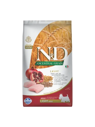N&D Ancestral Grain Light Tavuklu ve Narlı Az Tahıllı Küçük Irk Mini Yetişkin Köpek Maması 2,5kg