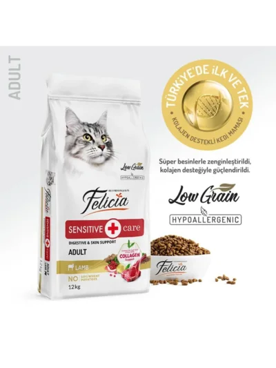 Felicia Kolajenli Kuzulu Az Tahıllı Yetişkin Kedi Maması HypoAllergenic Kedi Maması 12 Kg