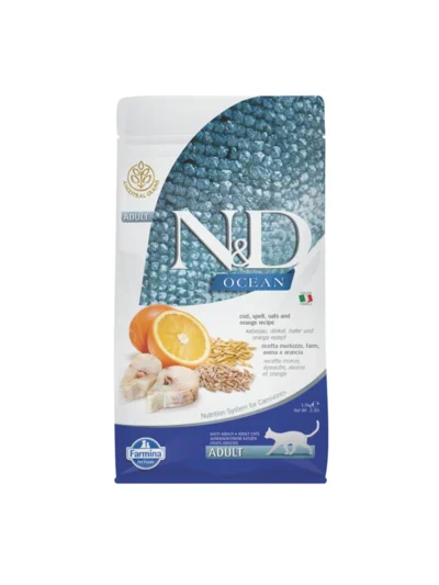N&D Ocean Az Tahıllı Morina Balıklı Portakallı Yetişkin Kedi Maması 1,5Kg