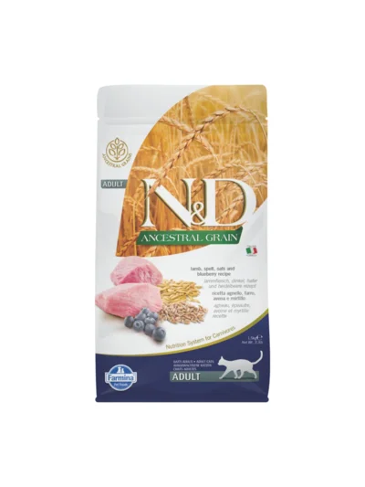 N&D Ancestral Grain Kuzu Etli ve Yaban Mersinli Az Tahıllı Yetişkin Kedi Maması 1,5Kg