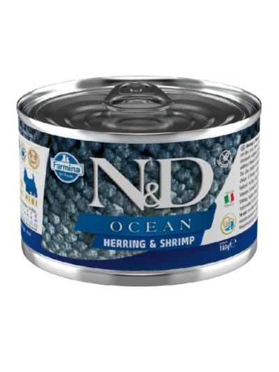N&D Ocean Ringa Balıklı ve Karidesli Tahılsız Küçük Irk Yetişkin Köpek Konservesi 140Gr