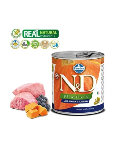 N&D Pumpkin Balkabaklı Kuzulu Yaban Mersinli Tahılsız Yetişkin Köpek Konservesi 285 Gr
