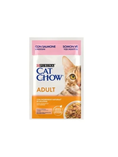 Cat Chow Pouch Sos İçinde Somonlu ve Yeşil Fasulyeli Yetişkin Kedi Konservesi 85gr