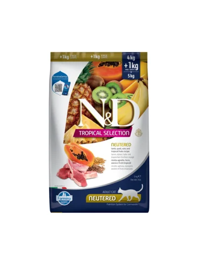 N&D Tropical Selection Düşük Tahıllı Kuzu Etli ve Tropikal Meyveli Kısırlaştırılmış Kedi Maması 4+1kg Hediyeli!