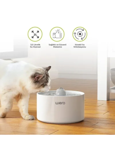 Wero Otomatik Kedi Köpek Su Şelalesi Su Pınarı Su Sebili (Seramik) - Sessiz Çalışma - 2.0 Lt Otomatik Su Temizleme - Beyaz