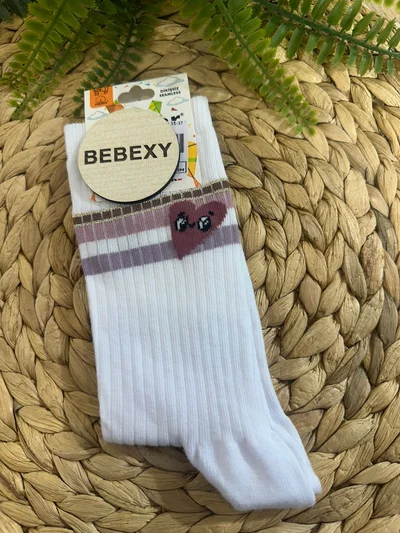Çizgili Kalpli  Soket Çorap Beyaz