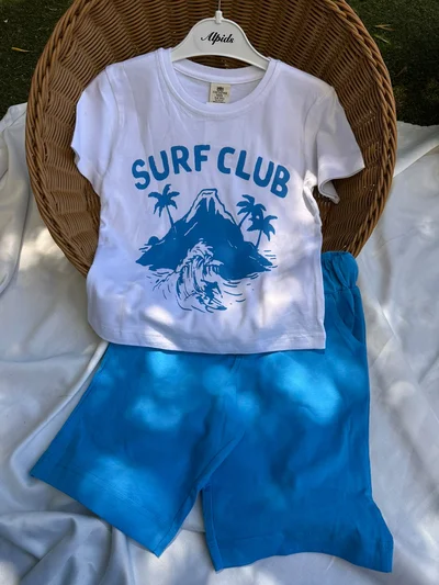Surf Club Yazılı Mavi Şortlu Takım