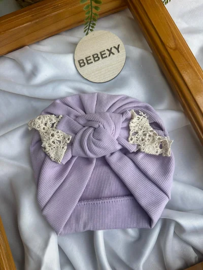 Bebek Şapka Bonesi Dantelli Fiyonk Lila