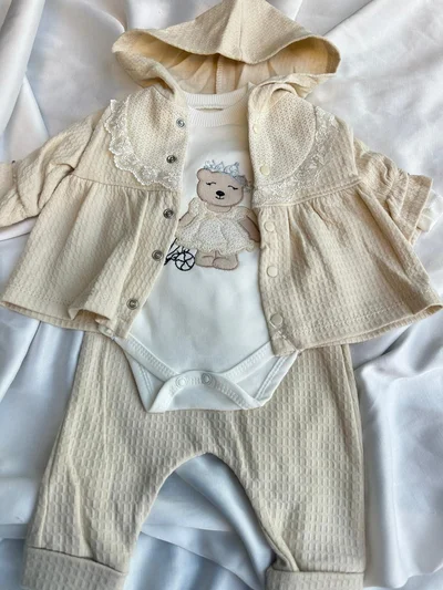  Ceketli Alt Üst Takım 3 Parça Bej Ayıcıklı