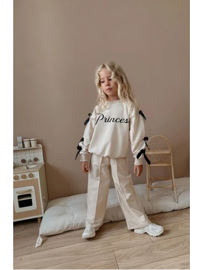 Kurdeleli Princess Yazılı Alt Üst Takım Açık Kahve 3