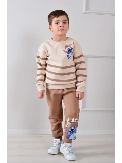 Stitch Baskılı Alt Üst Takım Kahverengi