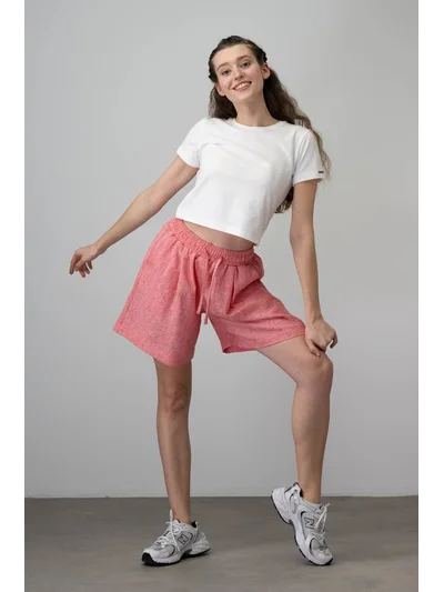 Keten beli lastikli şort Pembe