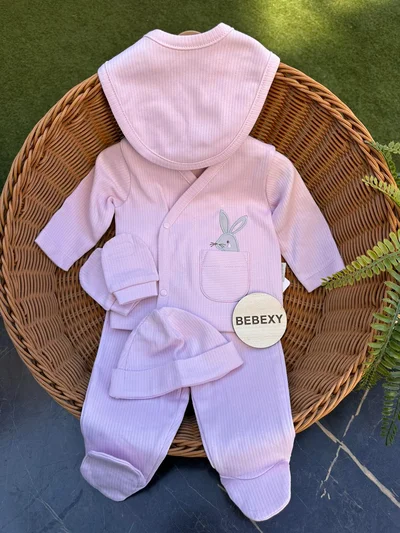 Tavşan Desenli 5 Parça Hastane Çıkışı Pembe