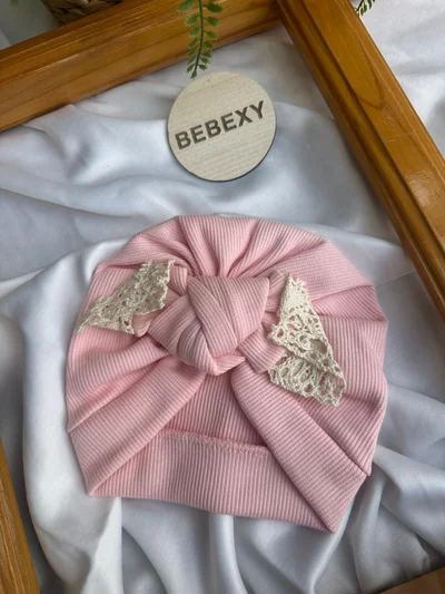 Bebek Şapka Bonesi Dantelli Fiyonk  Pembe