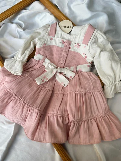 Pembe Çiçekli Elbise Fiyonk Kemerli