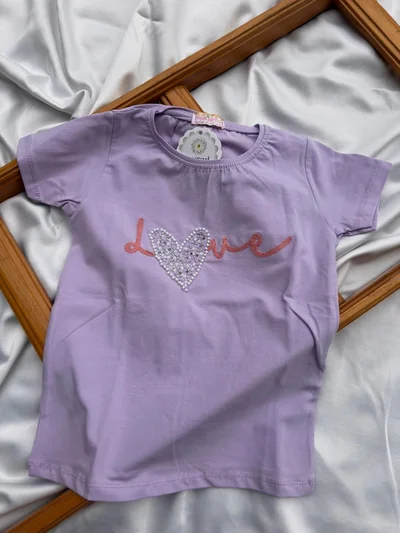 Love Yazılı Boncuklu Lila Tişört