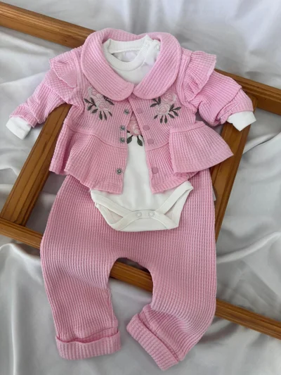 Gül Nakışlı  3'Lü Takım Pembe