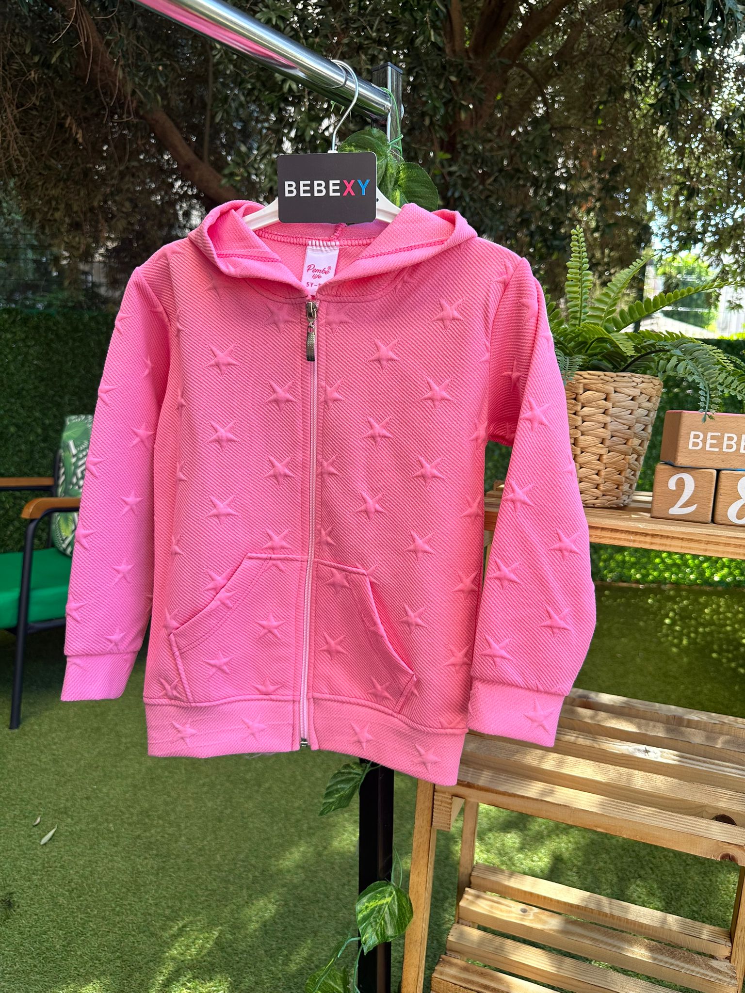 Yıldız Desenli Kapüşonla Fermuarlı Ceket Pembe