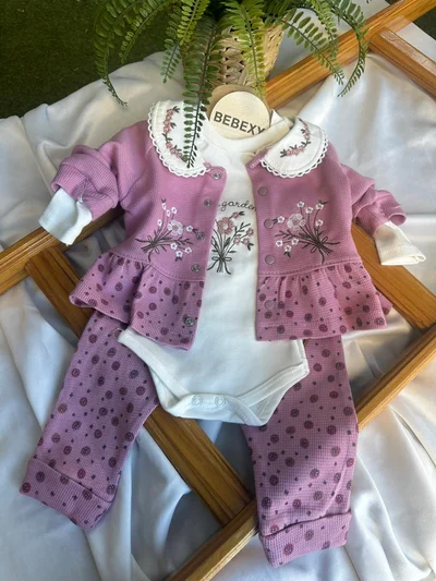 Mor Çiçek Ceketli Alt Üst Takım 3 Parça 