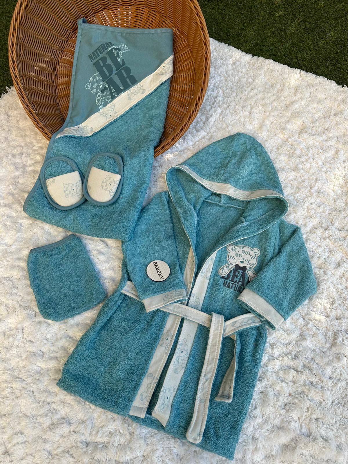 Bear Baskılı Beş Parça Havlu -Bornoz  Set Mavi