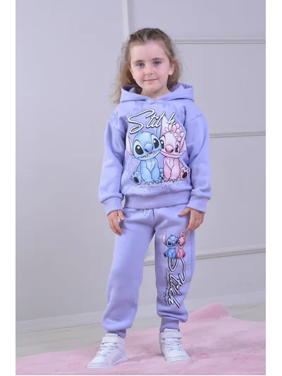 Stitch Baskılı Kapüşonlu Eşofman Takımı Mor