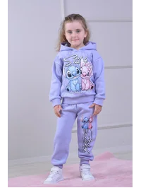 Stitch Baskılı Kapüşonlu Eşofman Takımı Mor