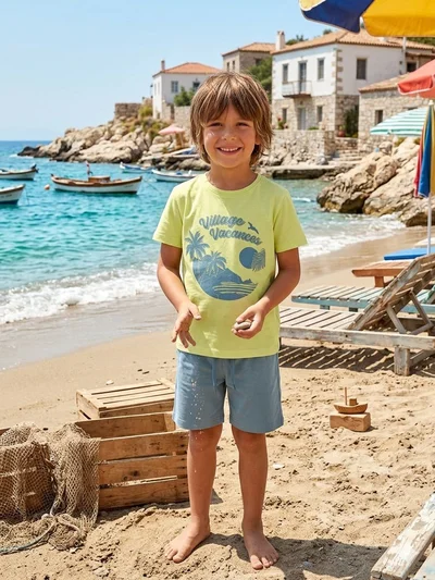 Village Vacances Yazılı Fosforlu Sarı Şortlu Takım