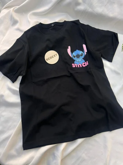 Stitch Baskılı Siyah Tişört