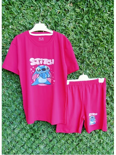 Pembe Stitch  Baskılı  Şortlu Takım