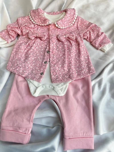 Çiçek Ceketli Alt Üst Takım 3 Parça Pembe Ayıcıklı