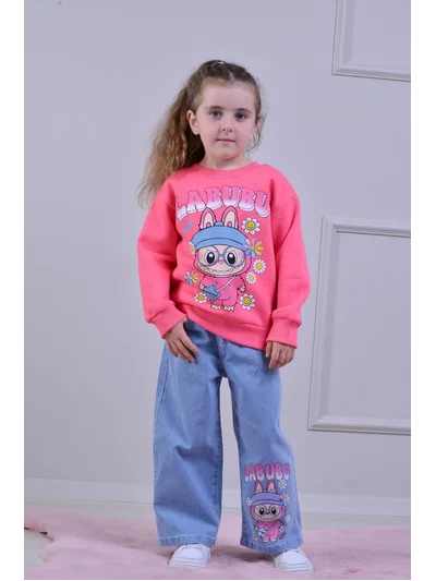 Labubu Baskılı Kot Pantolon Pembe Takım