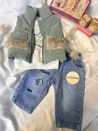 Yeşil Yelekli Kot Takım 3'Lü Set