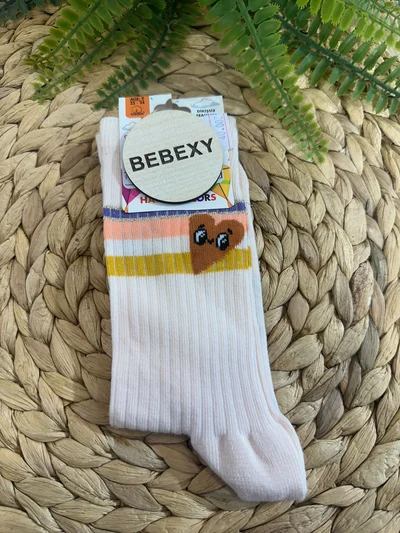 Çizgili Kalpli  Soket Çorap Krem