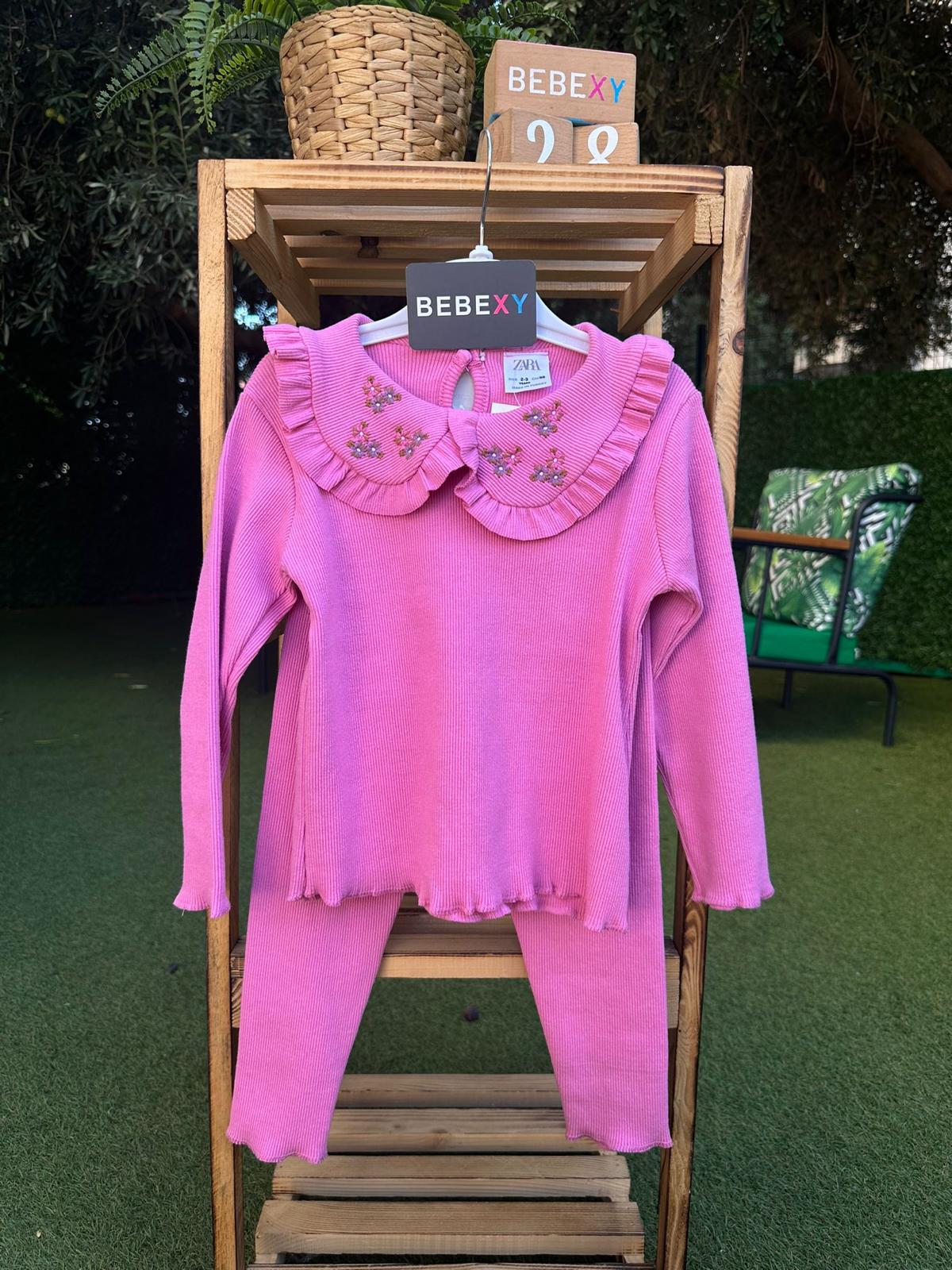 Yakalı Çİçek Detaylı  Alt Üst Takım Pembe