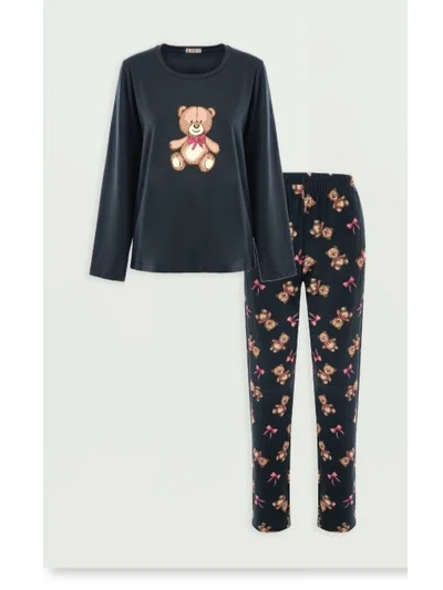 Ayıcık Desenli  Pijama Takımı Gri
