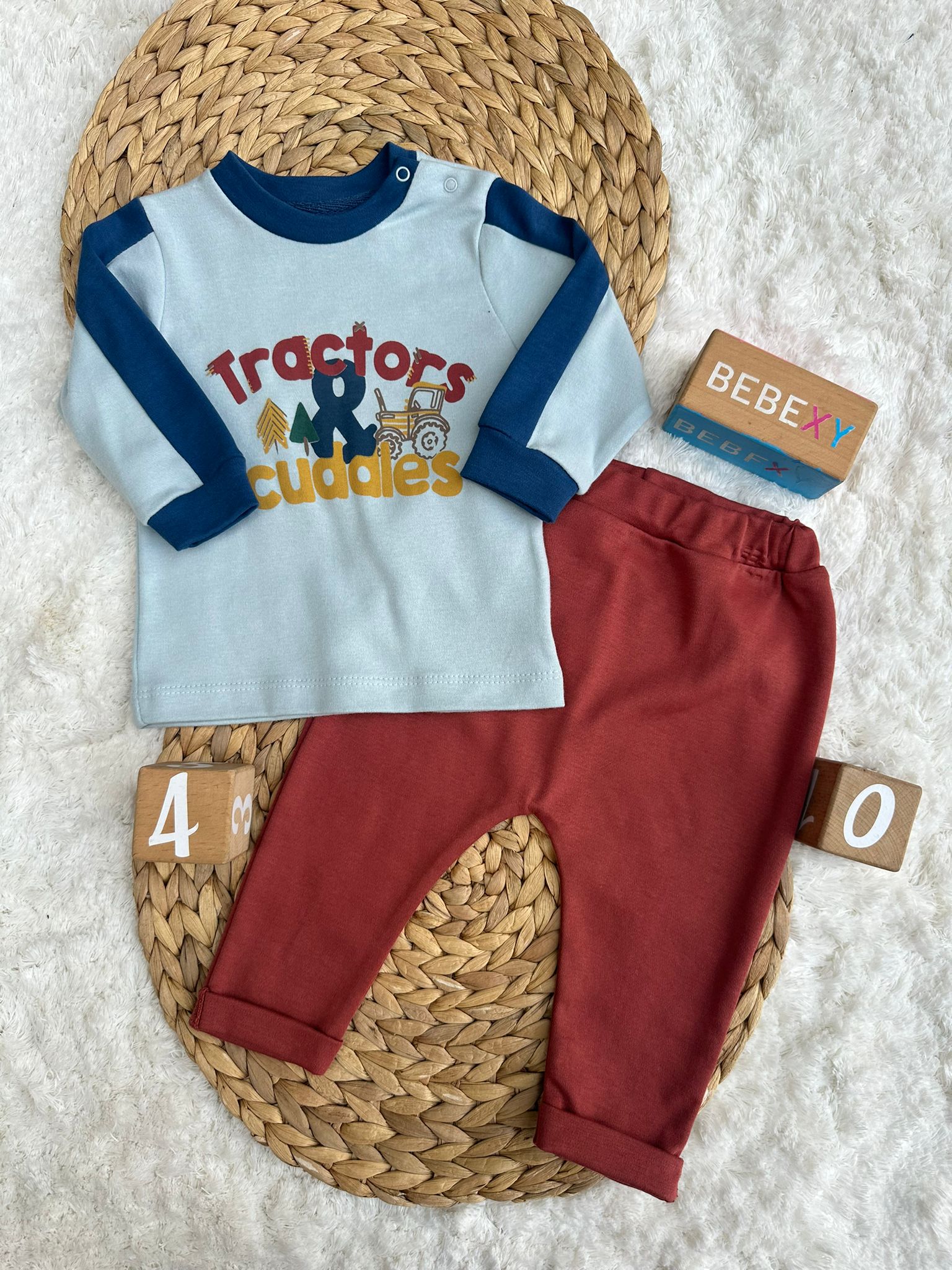 Tractors Baskılı Alt Üst Bebek Takım  Bordo