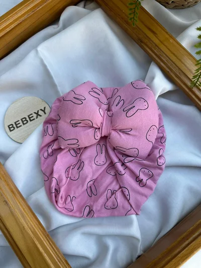 Bebek Şapka Bonesi Fiyonklu Tavşan Desenli Pembe