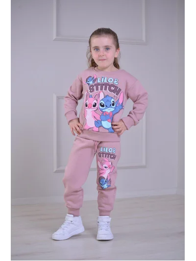 Gül Kurusu Stitch Baskılı Eşofman  Alt Üst Takım 