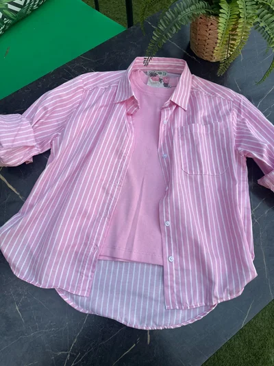  İçi Fitilli Tişörtlü Gömlek Pembe Çizgili