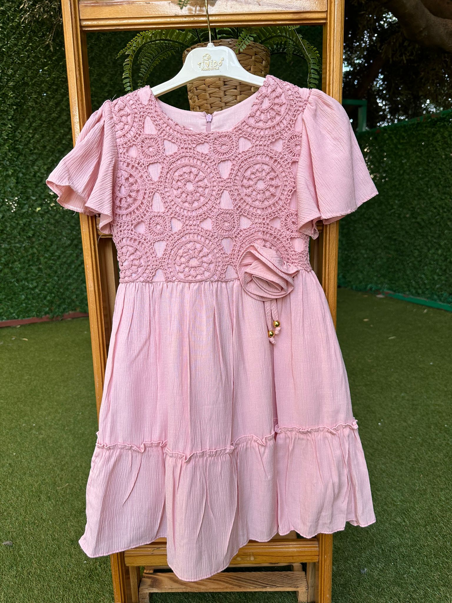 Bürümcük Gül Detaylı Elbise Pembe