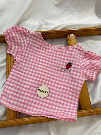 Çilekli Çİzgili Bluz Pembe