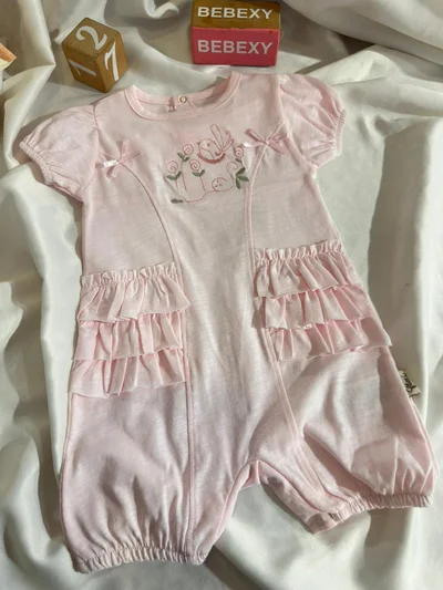 Kuş Desenli Penye Tulum Pembe