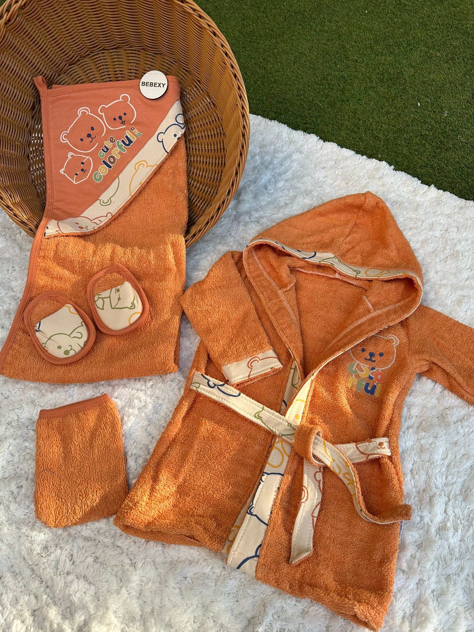 Cute Colourful Baskılı Beş Parça Havlu -Bornoz  Set  Turuncu