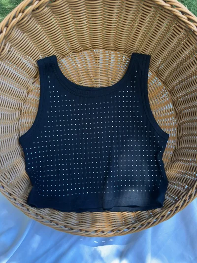 Kalın Askılı Taş Detaylı Siyah Crop