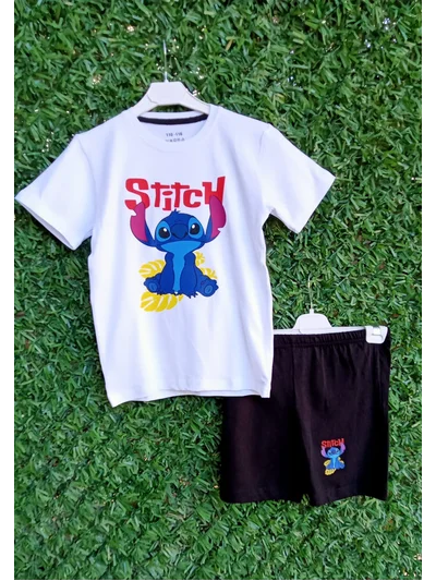 Beyaz Stitch Baskılı  Şortlu Takım