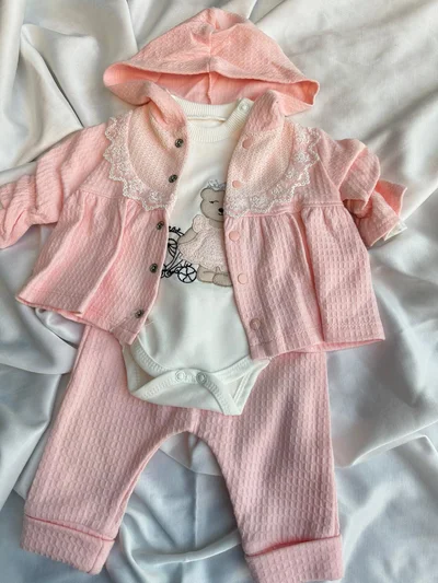  Ceketli Alt Üst Takım 3 Parça Pembe Ayıcıklı