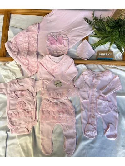 Dantel  Detaylı 10 Parça Hastane Çıkışı Set Pembe