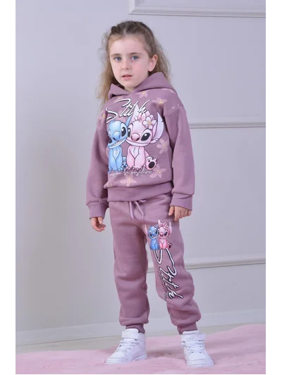 Gül Kurusu Stitch Baskılı Kapüşonlu Eşofman Takımı